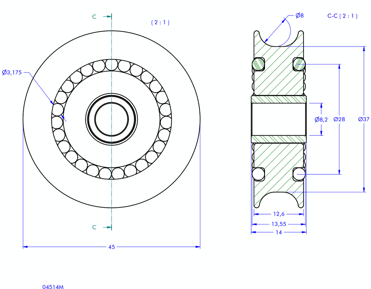 Antal Sheave D045-008 T14 Resin + Stainless Steel HUB (Stainless Steel M)