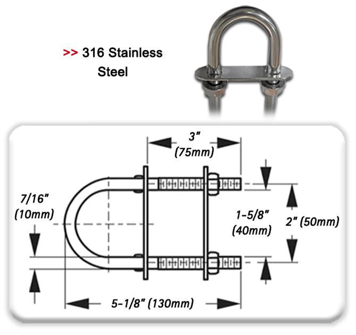 13.404- U-bolt Stainless Steel 10 X 130 mm