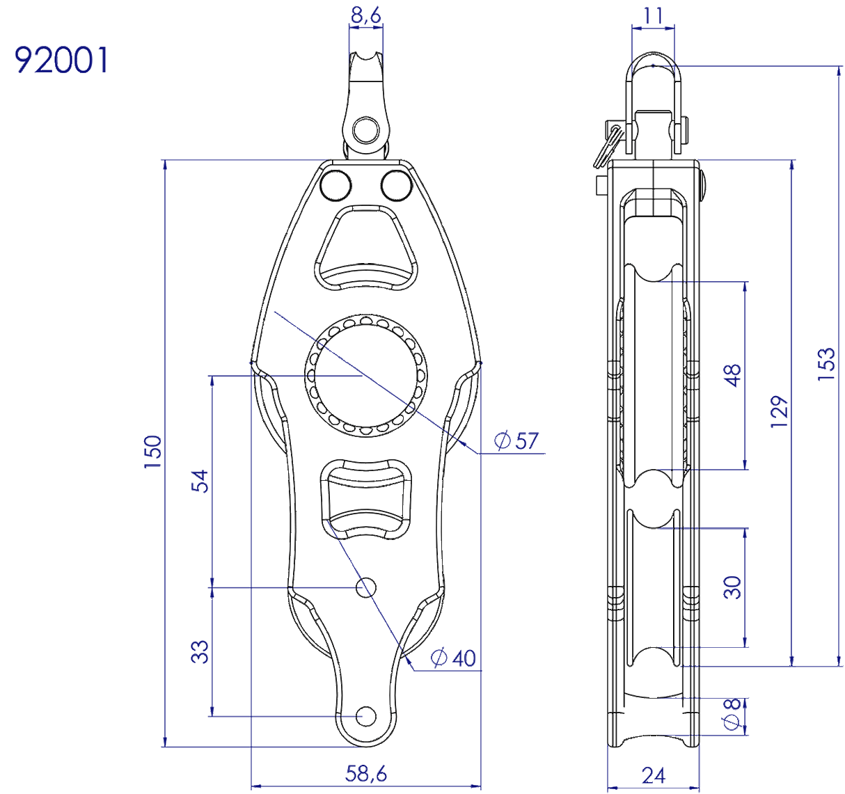 92001 - Fiddle Swivel with Becket- Sailboat Block