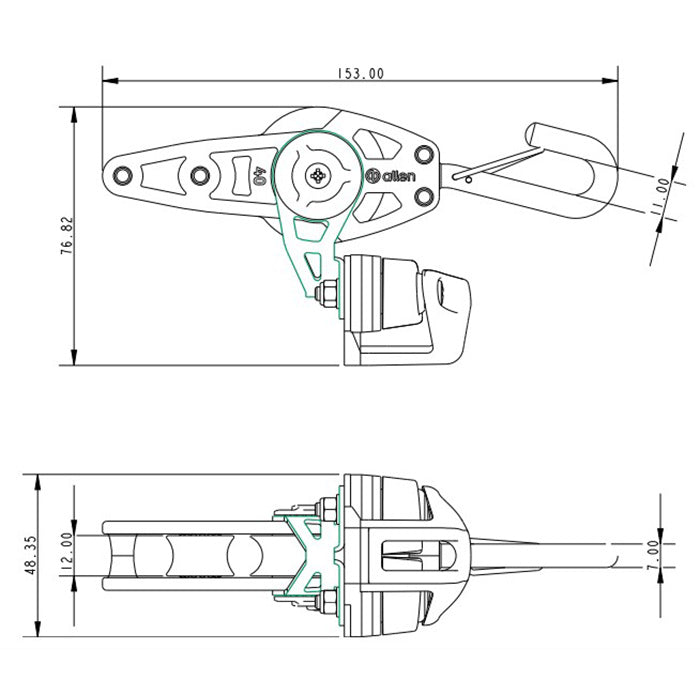 Allen Brothers 40mm Dynamic Fiddle Block/Becket with Hook and A..77 Cleat