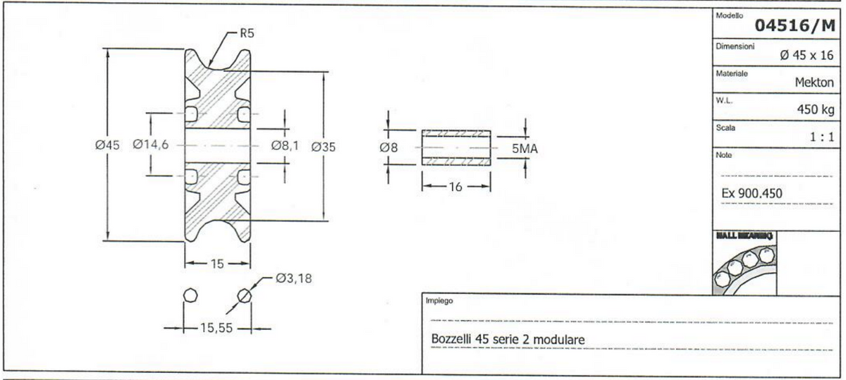 Antal 04516/M Sheave S.Steel Mini blocks, sheave Ø45 x 16, SWL 450 kg