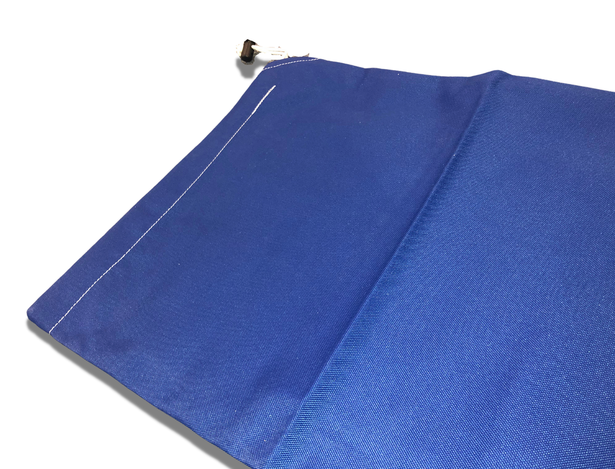 Close-up of blue Hyde Sails ILCA folded sail bag and drawstring opening