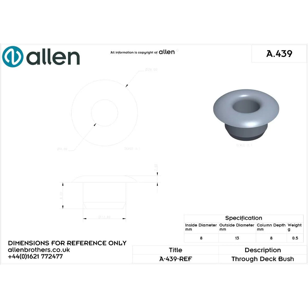 Allen Brothers Nylon 8MM X 13MM Through Deck Bush
