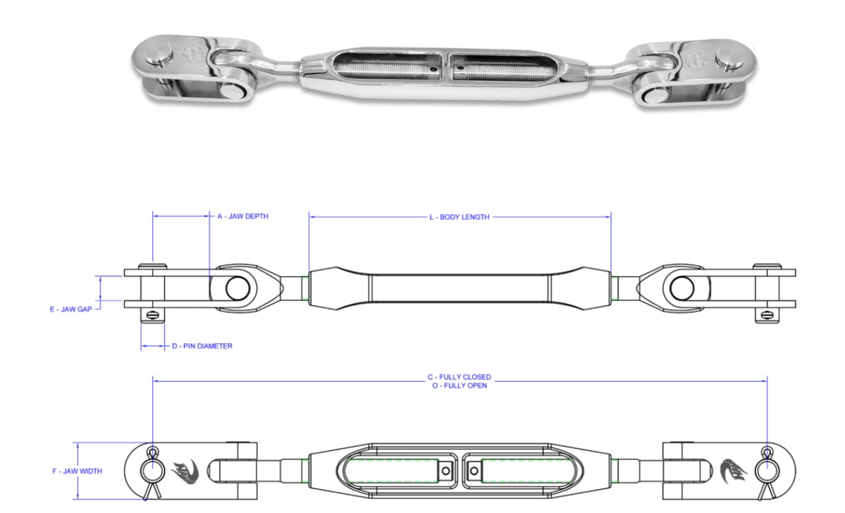 Hayn eye toggle to eye toggle open-body turnbuckle and dimension drawing; representative series image