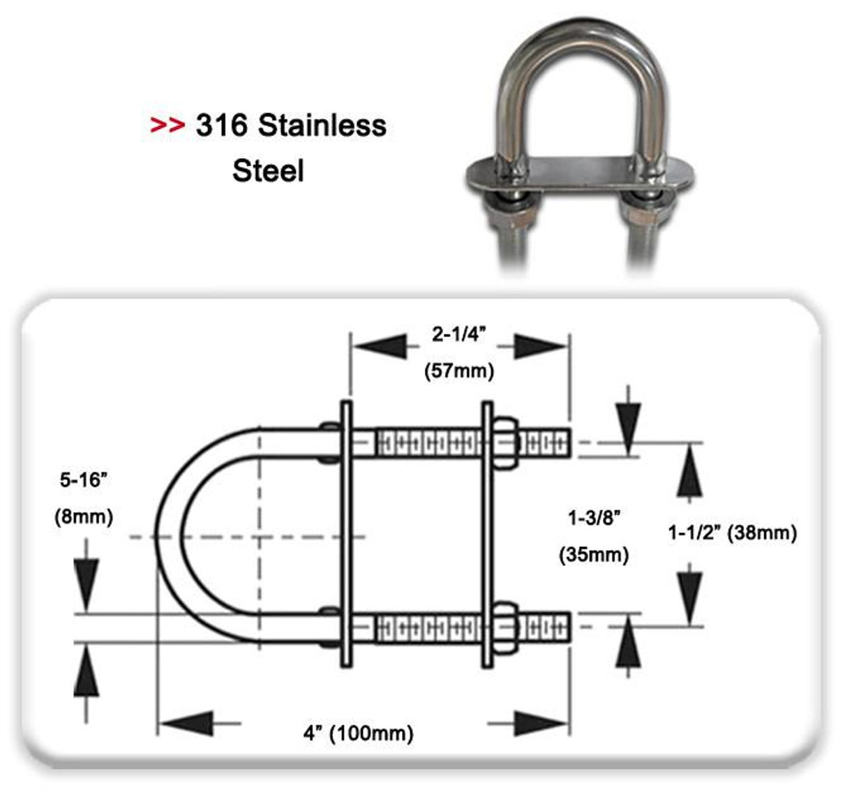 13.403- U-bolt Stainless Steel 08 X 100 mm