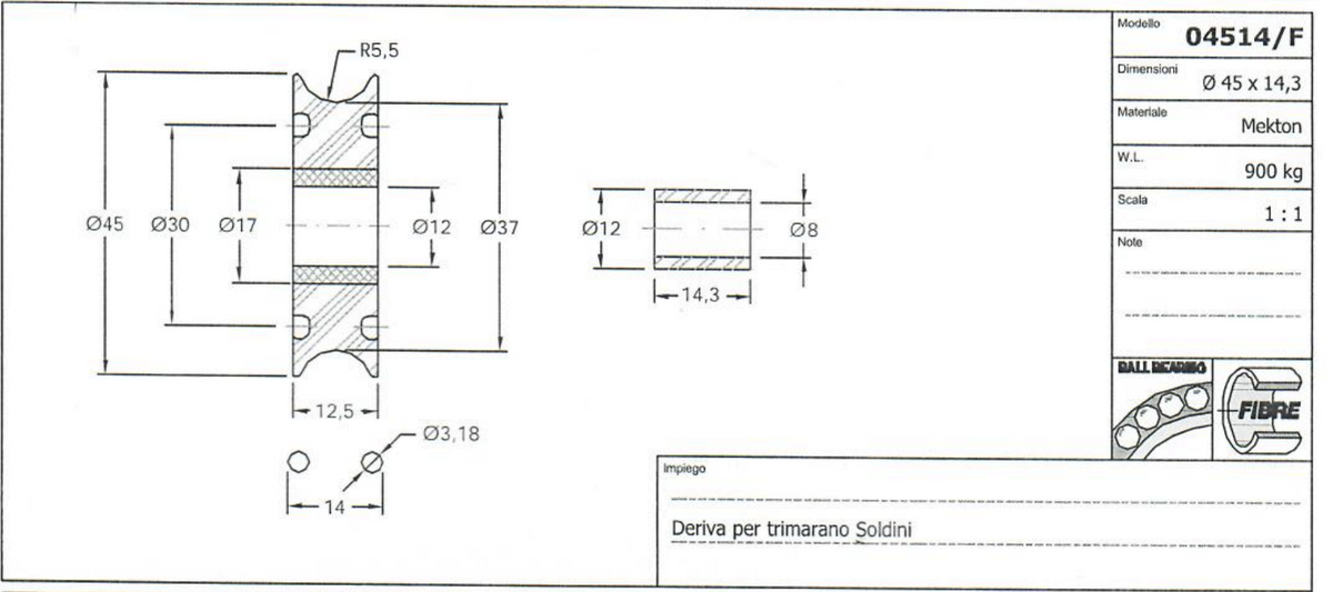 Antal 04514/F Sheave S.Steel Mini blocks, sheave Ø45 x 14.3, SWL 900 kg