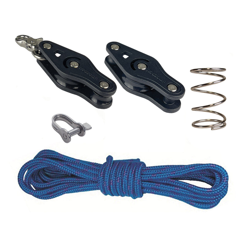 Optiparts Mainsheet System School: polypropylene mainsheet, fiddle block, fiddle block with snap shackle, plate shackle and spring