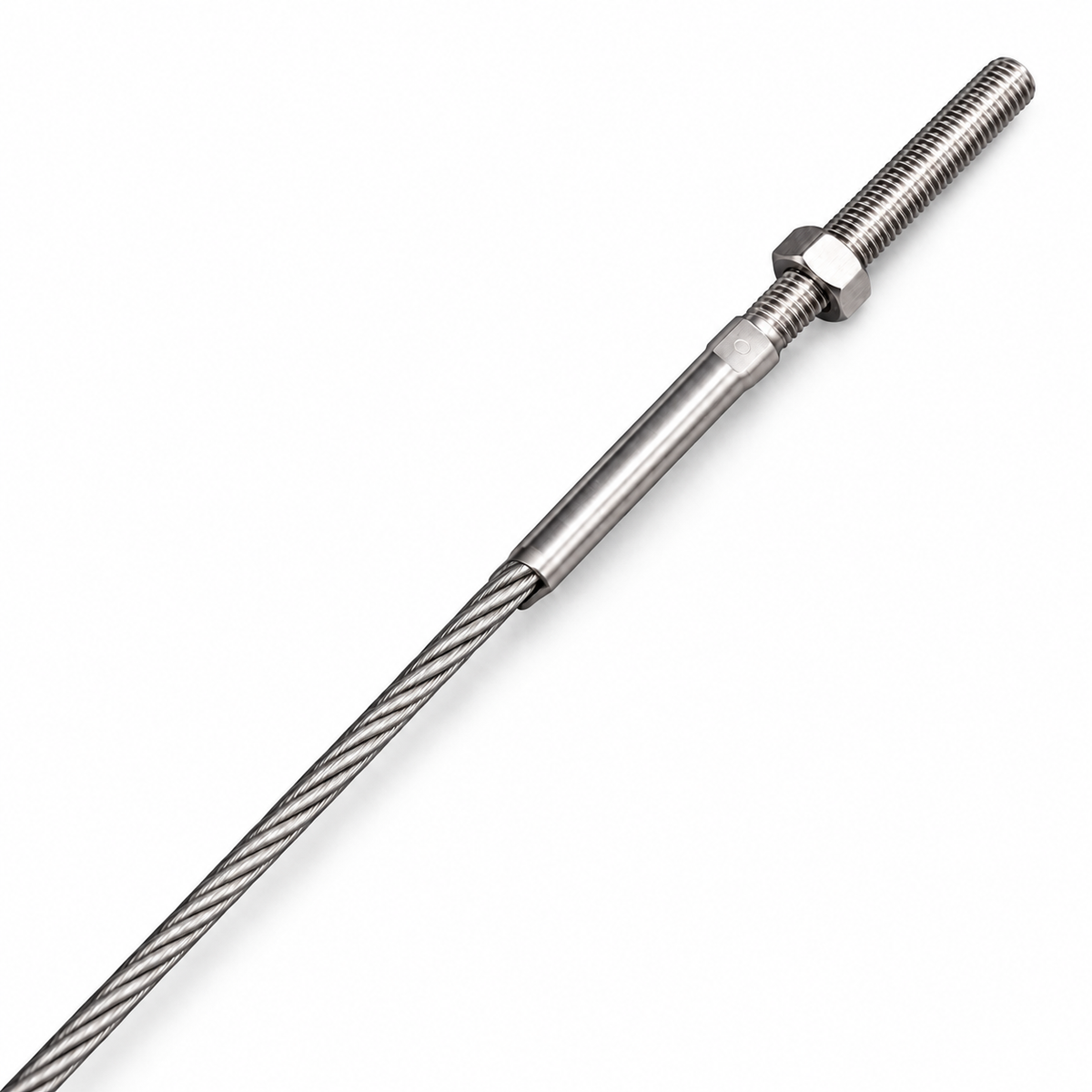 Illustrative view of a swaged threaded stud terminal on stainless steel rigging wire.