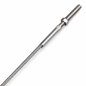 Illustrative view of a swaged threaded stud terminal on stainless steel rigging wire.