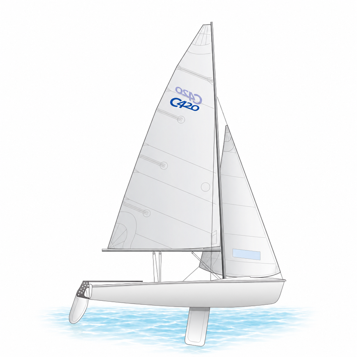 Club 420 with mast, mainsail, jib, standing rigging, boom, rudder and centerboard