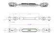 Hayn eye toggle to eye toggle open-body turnbuckle and dimension drawing; representative series image