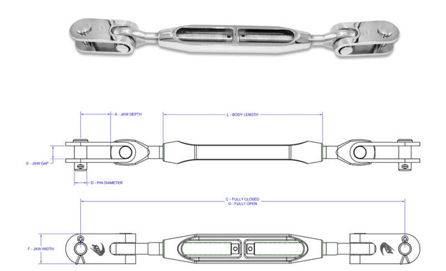 Hayn eye toggle to eye toggle open-body turnbuckle and dimension drawing; representative series image
