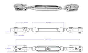 Hayn eye toggle to eye toggle open-body turnbuckle and dimension drawing; representative series image