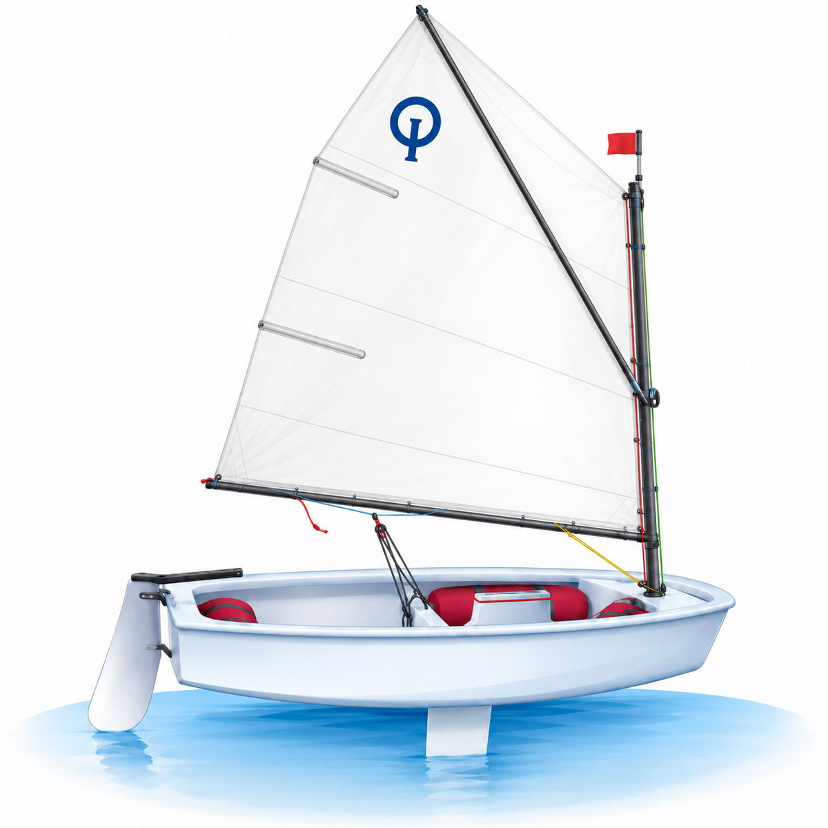 Optimist rig and foils showing mast, sprit, sail, boom, rudder and daggerboard