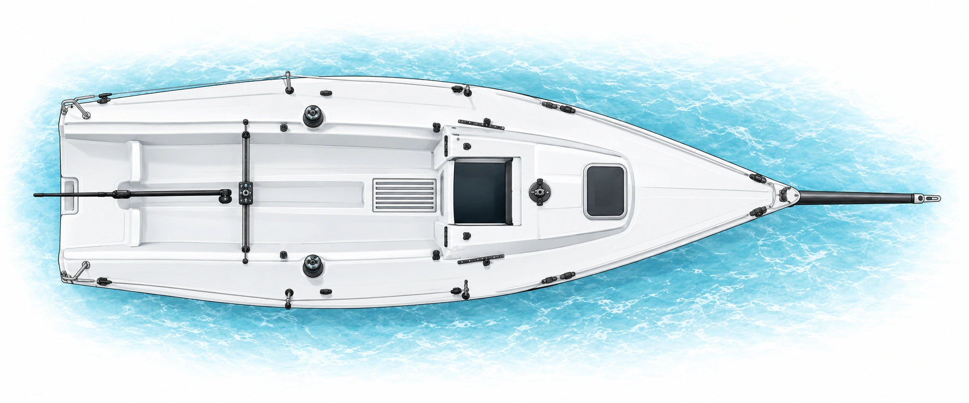 J/70 overhead deck illustration showing traveler, tiller, winches, sail tracks, hatches and deck fittings. Paired fittings share a selector.