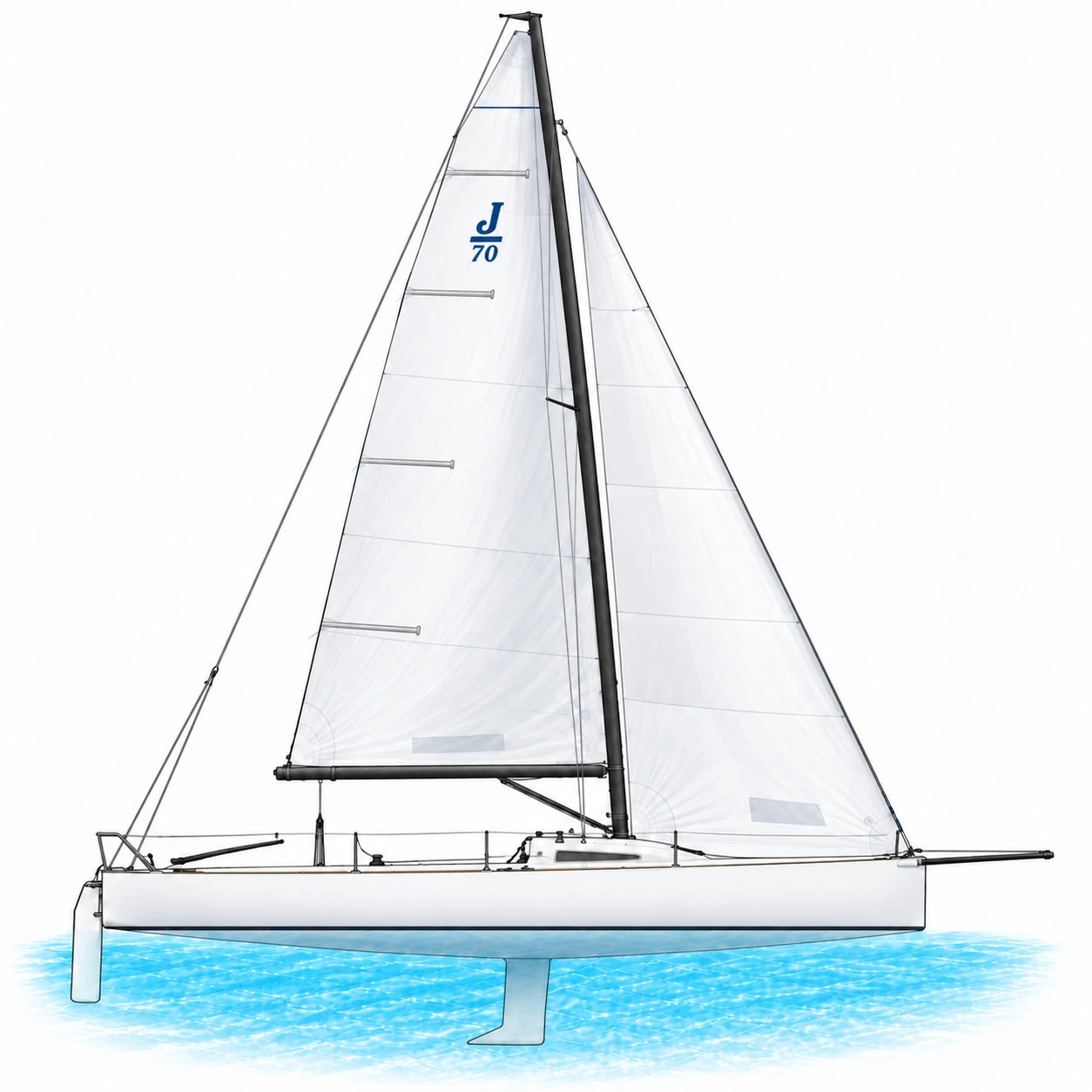J/70 side-view illustration showing the mast, mainsail, jib, standing rigging, boom, rudder, lifting keel and bowsprit.
