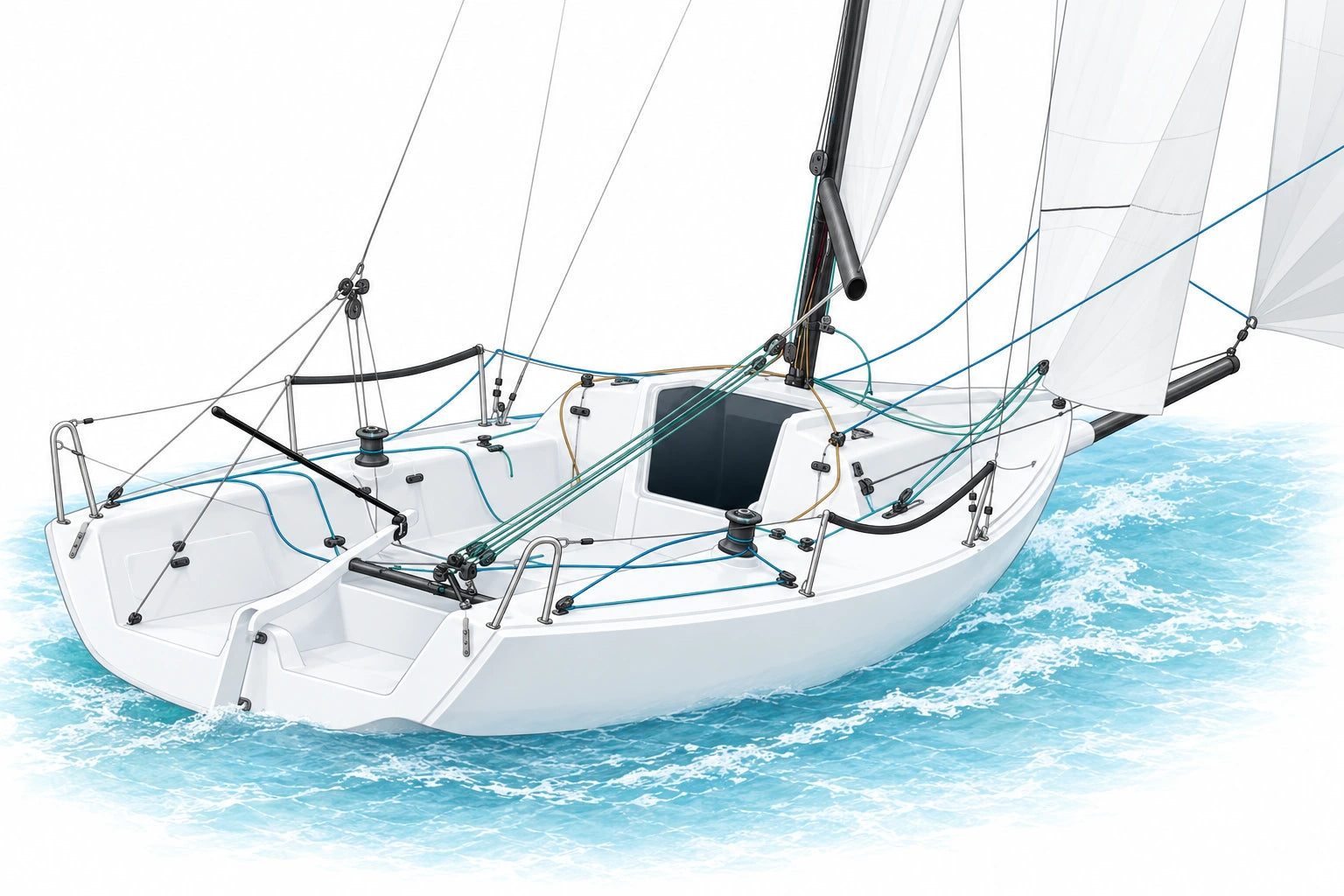 J/70 cockpit illustration adapted from the supplied Harken reference. Select a numbered point or part name to browse options.