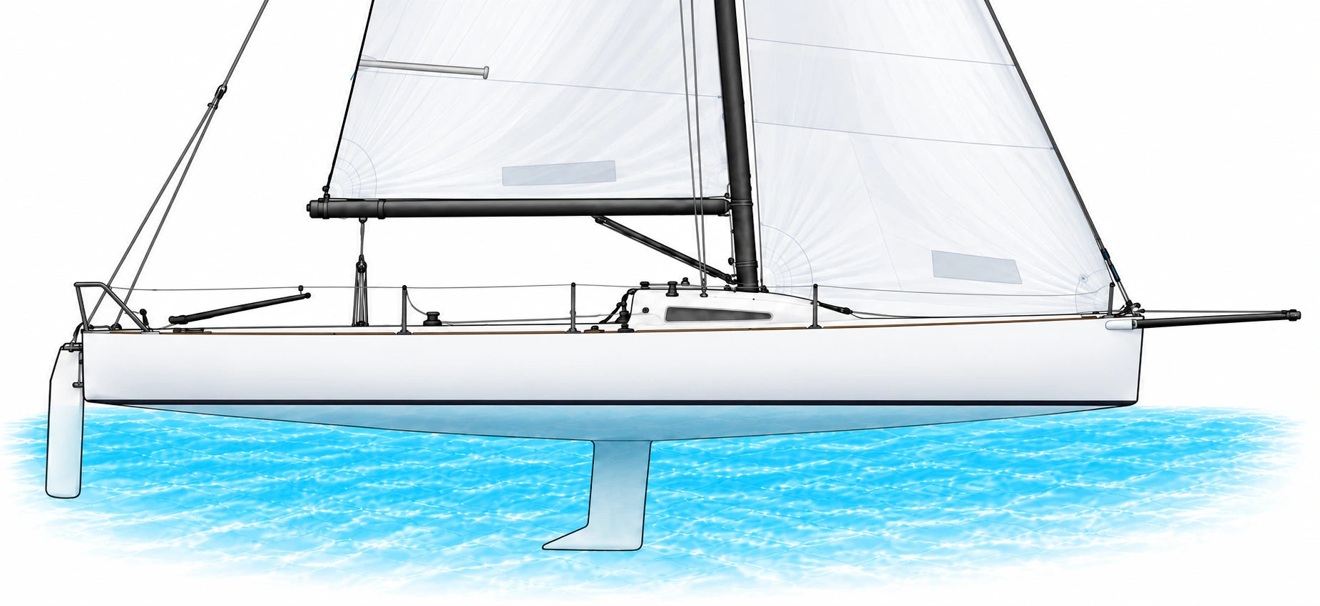 J/70 lower-rig side illustration showing boom attachments, mainsheet, vang, mast-base fittings, backstay, jib furling connection and bowsprit. Select a numbered point to browse the related parts.